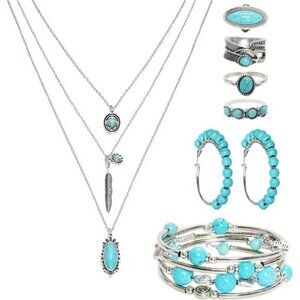 7PCS Boho South Western Turquoise Jewelry Set Turquoise Necklace Earrings Ring